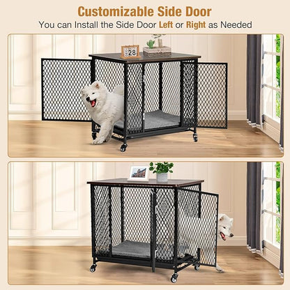 Dog Crate Furniture with Cushion, Wooden Dog Crate Table, Modern Kennel for Dogs Indoor, Heavy-Duty Dog Cage with Multi-Purpose Removable Tray, 27.2" L