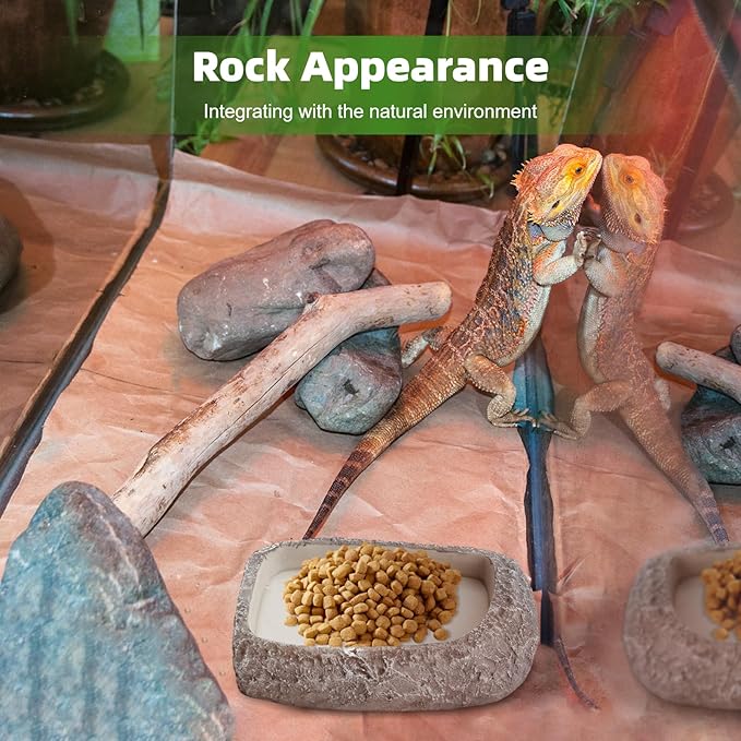 Reptile Feeding Dish, Water Dish and Food Bowl, Resin Rock Reptile Feeding Terrarium Corner Bowls for Bearded Dragon Lizard Frog Gecko Tortoise Hermit Crab Snail