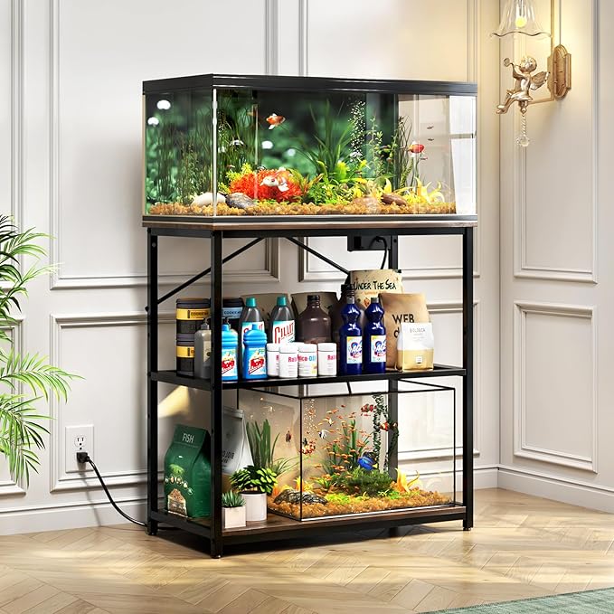 TC-HOMENY Fish Tank Stand 10,20,29,37 Gallon, Aquarium Stand with adjustable shelf,1000LB Capacity ,31" L x 16" W Metal Reptile Tank Stand, Double Storage Design Adjustable Boards, Brown