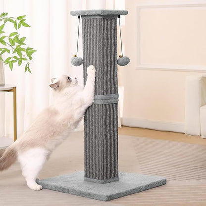 Large Cat Scratching Post with Heavy Duty Base 33" Sturdy Square Sisal Scracher Post and 2 Interactive Hanging Balls for Big Cats-Grey
