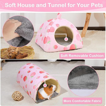 Bienbee Guinea Pig Hideout, Washable Rabbit Bed with Guinea Pig Tunnel, 2 Pack Guinea Pigs Toys Set Bunny Hideout Cage Accessories for Hamster Ferret Rabbits Bunny,Pink Strawberry