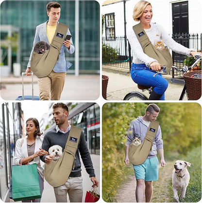 CUBY Dog and Cat Sling Carrier - Hands Free Reversible Pet Papoose Bag - Soft Pouch and Tote Design - Suitable for Puppy, Small Dogs Cats Outdoor Travel(Khaki, Unadjustable Strap)