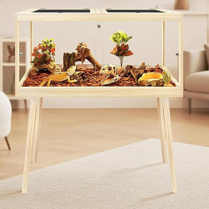 PROLEE Bearded Dragon Tank with Leg,Tempered Glass Lizard Tanks and Reptile Enclosure,Up to 78 Gallon Reptile Tank with Metal Mesh and Lockable Door for Snakes,Chameleon (Oak, 31Gallons,32inch)