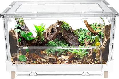 Large Clear Foldable Reptile Habitat Cage - Easy Assembly, Front Opening, Escape Proof Lock, for Hamster, Lizard, Hedgehog, Small Animals (27.5" L x 17" W x 15.5" H)