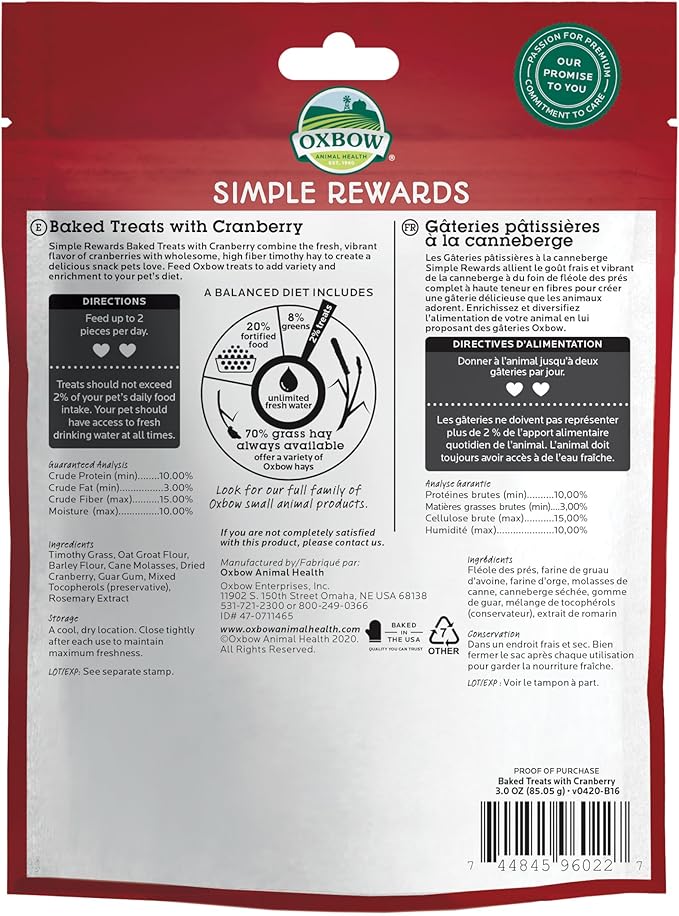 Oxbow Animal Health Simple Rewards Cranberry Treats, Timothy Hay Guinea Pig & Bunny Treats, Made with Oxbow Guinea Pig Hay, Timothy for Rabbit, Made in USA, 3 oz Bag