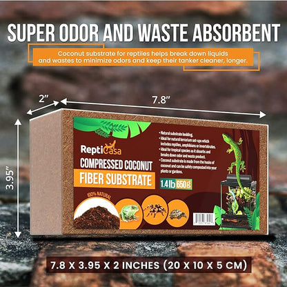 Compressed Coconut Fiber Substrate, 1.4 lb. Bricks, Natural Husk Terrarium Bedding, Reptiles, Frogs, Snakes, or Tortoise, Odor and Waste Absorbent Compostable, 5 Pack