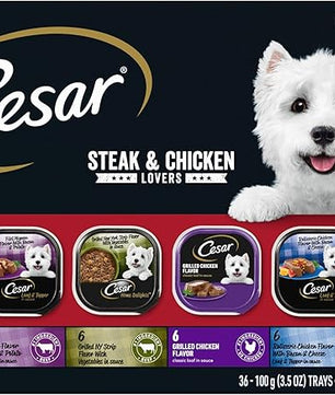 Cesar Wet Dog Food Classic Loaf in Sauce, Steak and Chicken Lovers Variety Pack with Real Meat or Real Chicken, 3.5 oz. Easy Peel Trays (36 Count, Pack of 1)