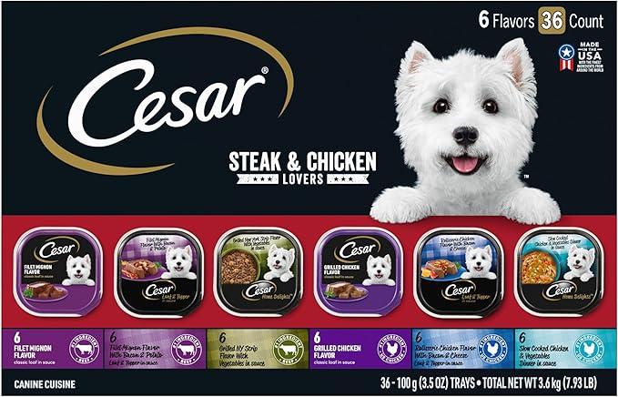 Cesar Wet Dog Food Classic Loaf in Sauce, Steak and Chicken Lovers Variety Pack with Real Meat or Real Chicken, 3.5 oz. Easy Peel Trays (36 Count, Pack of 1)