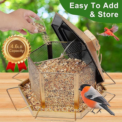 Metal Bird Feeder for Outdoor Hanging, 4.6LB Large Capacity, Garden Decoration - Attracts Wild Birds, Durable Outdoor Bird Feeding Station for Garden Yard Outside Backyard (Extra Large Gold)
