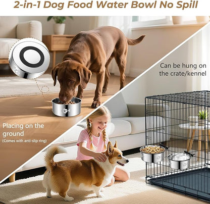 2 Pack Dog Crate Water Food Bowl No Spill,2-in-1 Hanging Dog Bowls for Kennel,Dogs Crate Water Feeder Dish,Stainless Steel Kennel Dogs Bowls Mountable with Non-Slip Bottom for Cats Bunny Ferret Bird