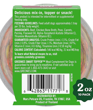 Greenies Smart Topper High Protein Wet Mix-in for Dogs, Beef, Peas & Carrots Recipe in Vitabroth Broth - Bone Broth + Vitamins E & B1, 10 Count
