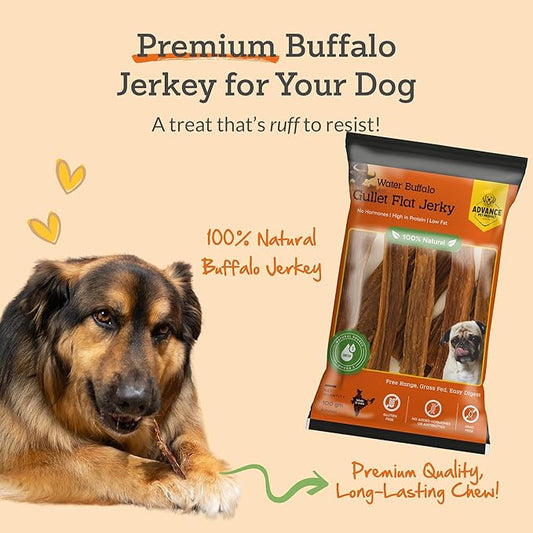 Gullet Flat Jerky (6" Long, 30 Count/Pack) Buffalo Dog Treats for Large, Medium & Small Breed, Healthy Training Treats for Dogs, Gluten Free & Odor Free, Easily Digestible - 1lb