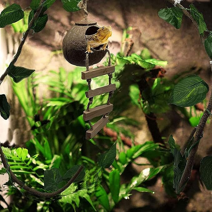 kathson Lizard Coco Den with Ladder, Reptile Hideouts Gecko Coconut Husk Hut with Artificial Bendable Jungle Climbing Vines for Chameleon, Lizards, Gecko, Snakes