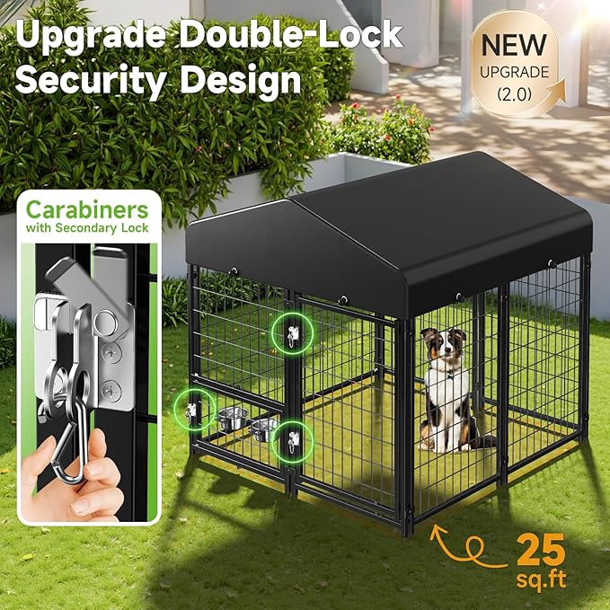 Outdoor Dog Kennel with Roof, Weatherproof Dog Kennel Outside with Swivel Feeders & Removable Doggy Door, Backyard Dog Run Playpen Pet Enclosures for Medium to Large Dogs (5'L x 5'W x 5'H)