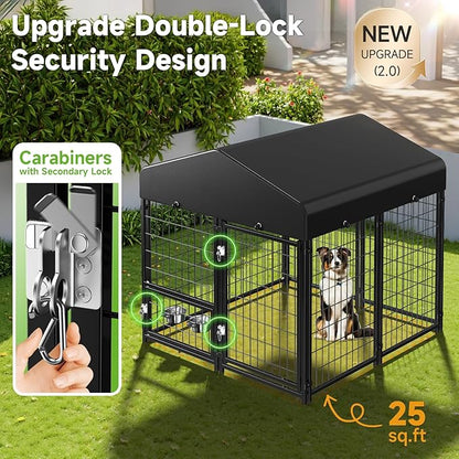 Outdoor Dog Kennel with Roof, Weatherproof Dog Kennel Outside with Swivel Feeders & Removable Doggy Door, Backyard Dog Run Playpen Pet Enclosures for Medium to Large Dogs (5'L x 5'W x 5'H)