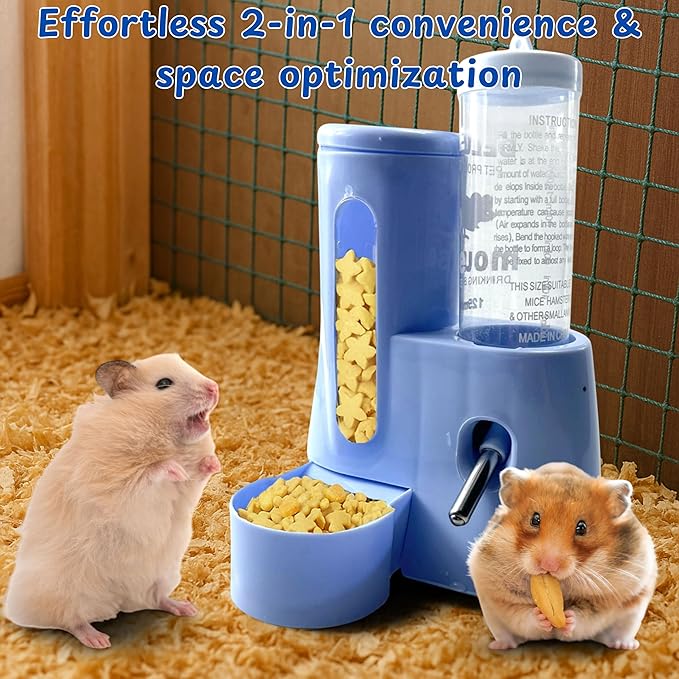 Hamster Water Bottle Stand with Food Bowl, 2 in 1 Automatic Water Bottle No Drip and Food Dispenser, Hamster Cage Accessories, Rat Enrichment Toys, Guinea Pig Accessories for Cage (Blue, 125ml)