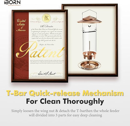 iBorn Metal Bird Feeder for Outside Hanging,Wild Bird Feeders for Cardinal,18cm Large Roof&Tray Brushed Copper 10 Port(Seed is not Included)