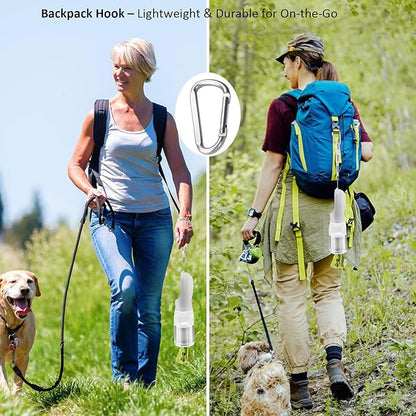 20oz Dog Water Bottle with Food Container & Poop Bag Dispenser | Leak-Proof Portable Pet Water Dispenser with Carabiner Clip | for Walking, Hiking, Travel (White, 20oz)