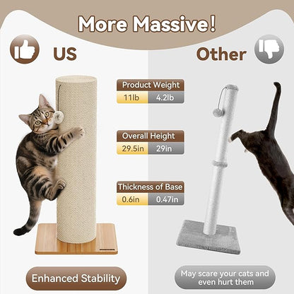 KAMABOKO 29.5" Cat Scratching Post, 7.5" Ultra-Large Diameter Natural Sisal Cat Scratch Post, Scratch-Resistant Tall Cat Scratcher for Indoor Cats, Protect Your Furniture, Beige, Pack of 1