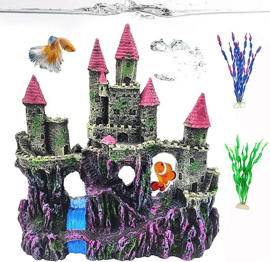 PINVNBY Aquarium Resin Castle Decoration,Fish Tank Driftwood Castle Cave Hideouts House Plants Supplies Accessories(Pink)