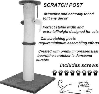 Cat Scratching Post 34 Inches Heavy Duty and Thicker Cat Scratching Post Sisal Rope with Hanging Ball and Mice Scratching Post for Indoor Cats and Adult(Grey)