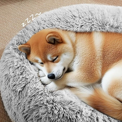 Love's cabin Calming Dog & Cat Bed, Cat Bed for Indoor Cats,Anti-Anxiety Donut Round Dog Bed,Fluffy Faux Fur Washable Bed for Small Medium Pet,Grey,30"