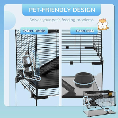 PawHut Large Hamster Cage with Deep Tempered Glass Bottom, 3 Tiers Hamster Tank with Running Wheel, Hut, Water Bottle, Dish, Rat Cage for Syrian, Dwarf, Gerbils, Mouse, 31" x 19" x 21.5", Black