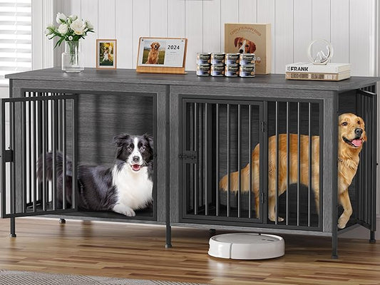 EasyCom Dog Crate Furniture for 1 or 2 Dogs, Heavy Duty Single/Double Dog Crates for Small/Medium/Large Dogs, Dog Kennel Furniture Indoor as TV Stand, Large Size 78.74" L(35-60 Pounds), Dark Grey
