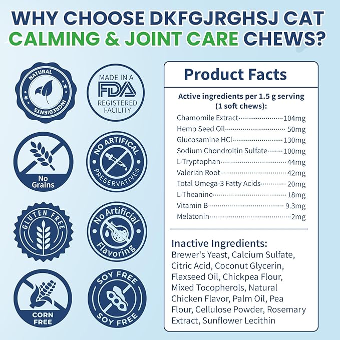 Cat Calming Treats, 200 Hemp Soft Chews Cat Calming Treats for Anxiety Relief with Glucosamine Hip & Joint Support Calming Chews for Cats Anxiety Stress Chicken Flavor
