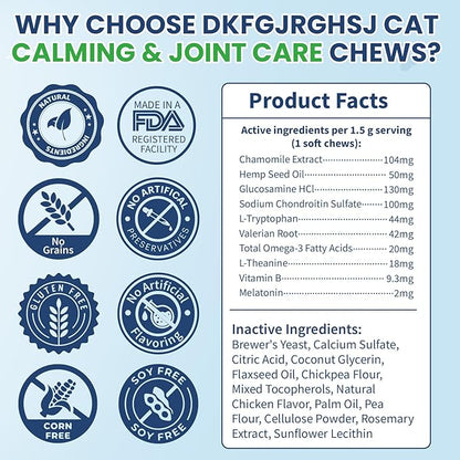 Cat Calming Treats, 200 Hemp Soft Chews Cat Calming Treats for Anxiety Relief with Glucosamine Hip & Joint Support Calming Chews for Cats Anxiety Stress Chicken Flavor