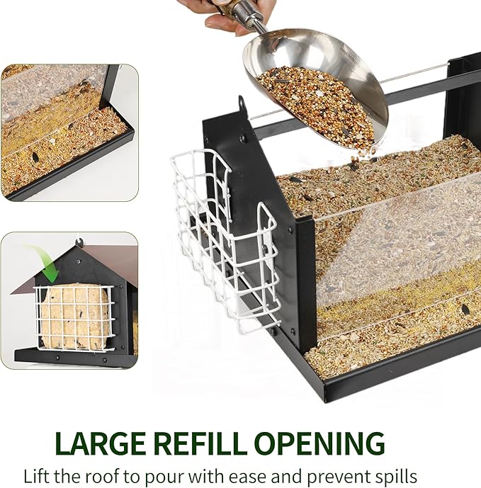 Solution4Patio Brown Roof Outdoors Hanging Bird Feeders, All Metal, Double Suet Cake and Large Capacity, Hopper Tray & Weatherproof for Finch, Cardinal & Chickadee