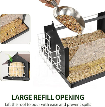 Solution4Patio Brown Roof Outdoors Hanging Bird Feeders, All Metal, Double Suet Cake and Large Capacity, Hopper Tray & Weatherproof for Finch, Cardinal & Chickadee