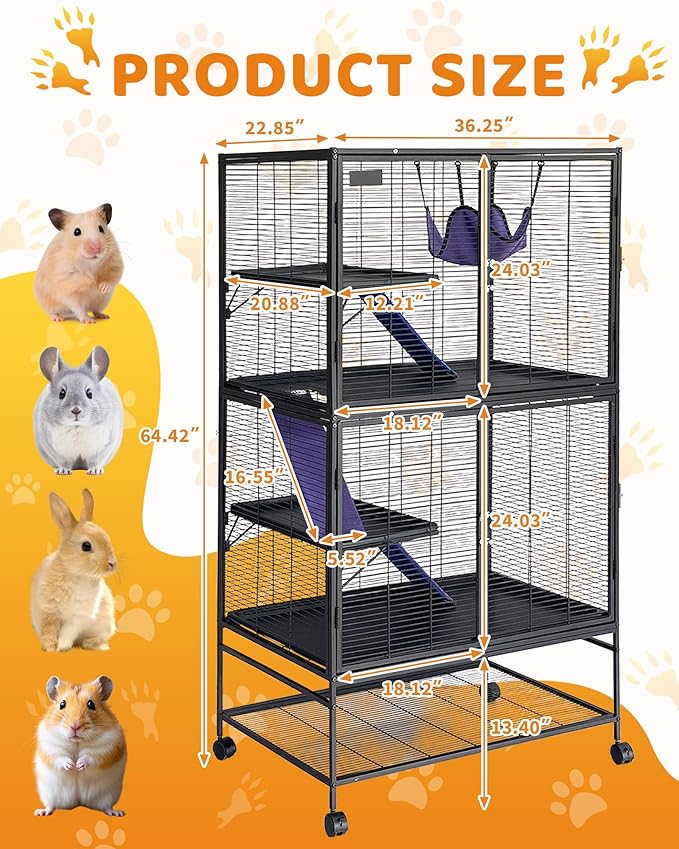 Garvee Small Animal Cage, 64 ''H Deluxe Ferret Cage - 4 Tier Large Chinchilla Cage with Removable Ramp, Hammock, Extra Storage Stand,Removable Tray for Ferret, Chinchilla, Guinea Pig,Hamster