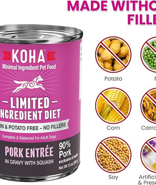 KOHA Limited Ingredient Diet Pork Entrée for Dogs- Sensitive Stomach Canned Dog Food - High Protein, No Fillers Pate Dog Food - 13 oz Pack of 12