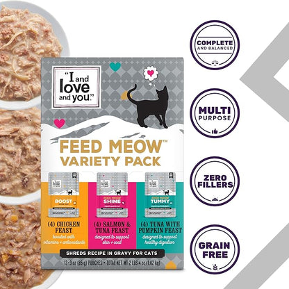 I and love and you Feed Meow Variety Pack - Salmon, Chicken, Tuna - Grain Free, Shredded, No Fillers 3oz Pack of 12