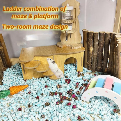 Hamiledyi Hamster Hideout with Ladder Dwarf Hamster Wooden Maze Tunnel Platform Multi Chamber Exploring Toy Habitat Decor for Gerbil Syrian Mouse Small Animal, Brown