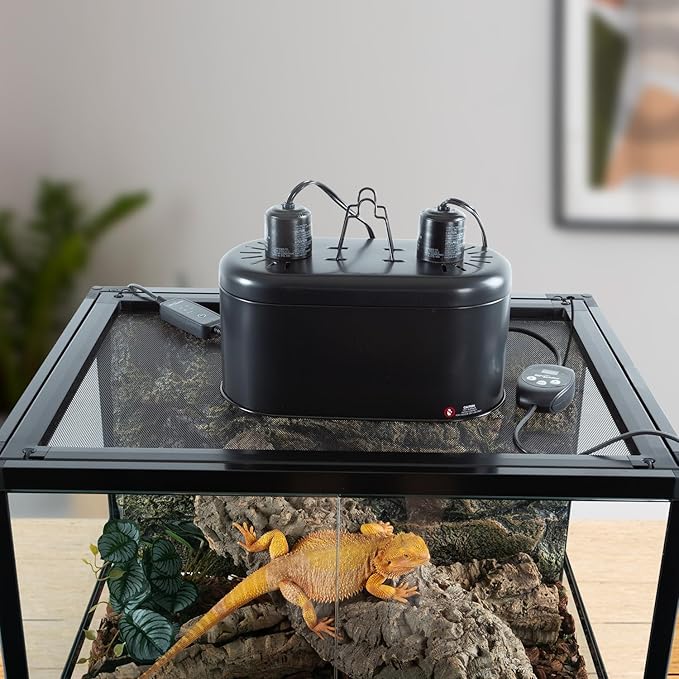 REPTI ZOO Dual Reptile Light Fixture with Dimming Thermostat and Timer, Deep Dome Lamp Fixture with Independent Reptile Dimming Thermostat Heat Bulb Temperature Controller and Timing Function