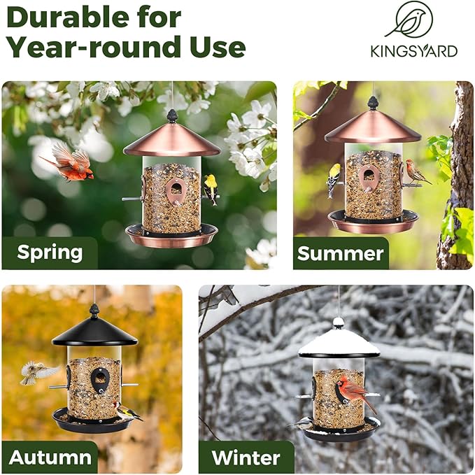 Kingsyard Metal Bird Feeders for Outdoors Hanging with 8 Ports, 4.5 lbs Large Tube Bird Feeder with Seed Tray for Cardinal Finch, Easy to Fill and Clean, Copper