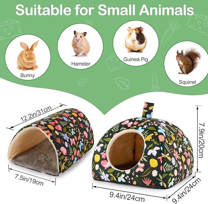 Bienbee Guinea Pig Hideout, Washable Rabbit Bed with Guinea Pig Tunnel, 2 Pack Guinea Pigs Toys Set Bunny Hideout Cage Accessories for Hamster Ferret Rabbits Bunny, Green Flowers