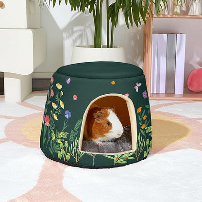 Glittme Guinea Pig Hideout, 2 in 1 Guinea Pig Bed with Removable Pad, Washable Bunny Bed, Foldable Guinea Pig Accessories for Guinea Pig Cages, Guinea Pig, Bunny, Hamster, Hedgehog, Rabbit, Forest