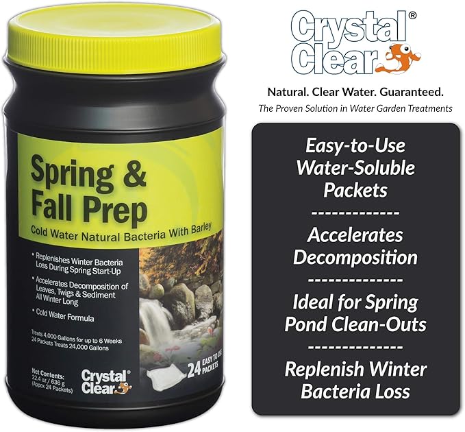 CrystalClear Spring & Fall Prep - Cold Water Natural Bacteria with Barley - 12 Packets Treats Up to 12,000 Gallons