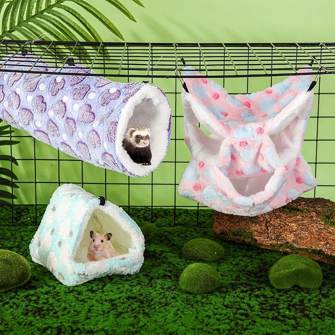 Abbylike 9 Pieces Rat Hammock 3 Tier Guinea Pig Ferret Hammocks Small Pet Hanging Tunnel Glider Toy Guinea Pig Ferret Hideout Bed Cage Accessories for Hamster(Green, Purple, Pink,Heart)