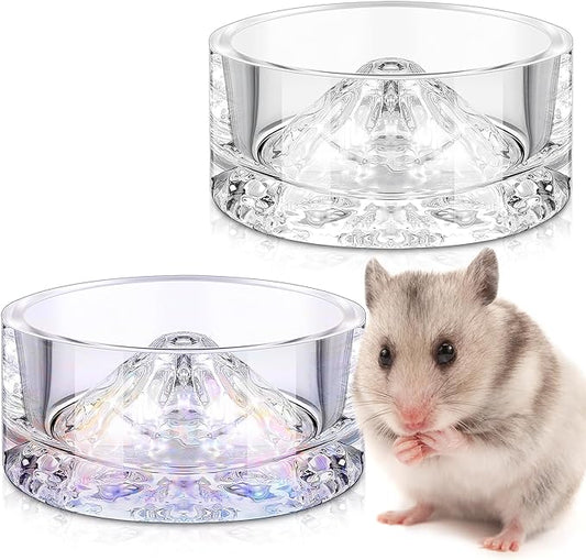 Baderke 2 Pcs Hamster Water Bowls Glass Hamster Food Bowls 35ml Mountain Style Drinking Container Anti Turning for Guinea Pig Gerbils Mice Rats Chinchilla Small Pets(Clear and Rainbow)