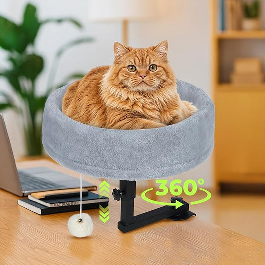 Zayana Cat Desk Bed Attachment - 360° Rotating & Adjustable Height Cat Bed Desk Mount with Soft Faux Fur Washable Cover, Space Saver Hammock for Home Office & Gaming Table, Supports Up to 45 lb, Grey