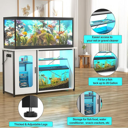 55-75 Gallon Fish Tank Stand with Power Outlets & LED Light, Reversible Heavy Duty Metal Aquarium Stand with Cabinet for Fish Tank Accessories Storage, Turtle/Reptile Terrariums, White