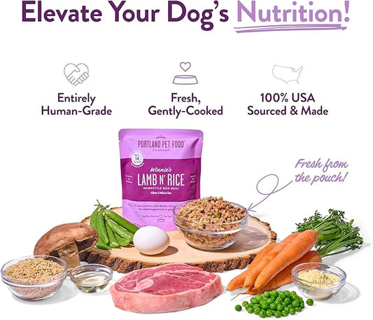 Portland Pet Food Company Winnie's Lamb N' Rice Fresh Dog Food Pouches, Wet Pet Meal Topper Mixers & Meals - Large & Small Dogs, Puppy to Seniors - Human-Grade, Gluten-Free - Made in The USA - 8 Pack