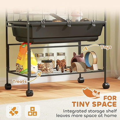 PawHut Large Hamster Cage with Deep Tray, 5 Tier Rolling Rat Cage with Storage Shelf, Big Exercise Wheel, Tube System, Hut, Platforms, Ramps, Food Dish, Water Bottle, for Syrian, Gerbil, Mouse