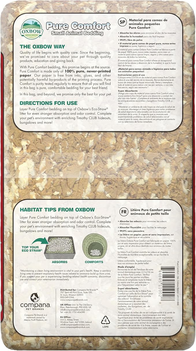 Oxbow Animal Health Pure Comfort Bedding, Rabbit, Hamster, & Guinea Pig Bedding, Bunny Supplies for Litter Box, Pet Safe, 99.9% Dust Free, Bunny Litter Box, Blend, 36 Liter Bag