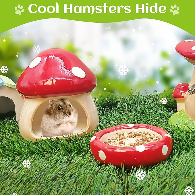 BNOSDM Ceramic Hamster Hideout and Food Bowl Set Cute Mushroom Shape Hamster House and Habitat Cool Hamsters Hide Suitable for Syrian, Mice, Dwarf Hamsters, Gerbils (Red)