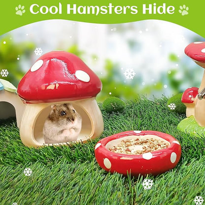 BNOSDM Ceramic Hamster Hideout Cute Mushroom Shape Hamster House and Habitat Cool Hamsters Hide Suitable for Syrian, Mice, Dwarf Hamsters, Gerbils (Red)